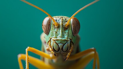 Close-up of a vibrant green grasshopper with large, prominent eyes against a teal background.