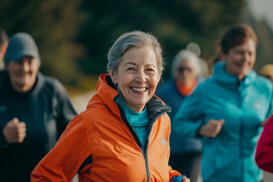 Senior woman participating in a charity run with friends. Community, active aging, giving back concept.