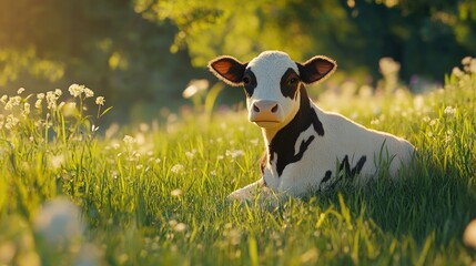 Fototapeta premium Charming young calf resting peacefully in a lush green field surrounded by wildflowers, basking in sunlight with a serene countryside background