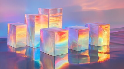 Iridescent glass blocks on reflective surface.