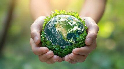 Close-Up Of Hands Gently Holding A Green Earth, Symbolizing The Growth Of Plants And A Commitment To Sustainability, With A Realistic 3D Illustration Against A Soft Gradient Background