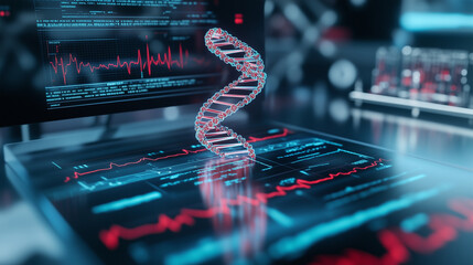 A high-tech laboratory filled with illuminated DNA models, with a rotating helix taking center stage over a digital screen displaying a detailed heartbeat signal