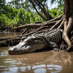 Obraz premium A caiman resting beneath overhanging tree roots on a muddy riverbank.
