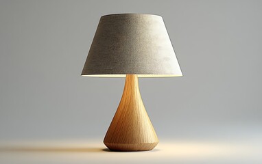 Modern wooden table lamp with a light grey fabric shade illuminated against a neutral background.