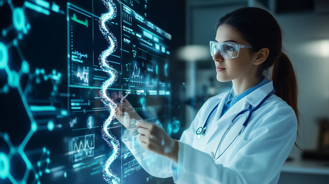 A high-tech medical lab featuring a female doctor studying a glowing DNA helix on a digital interface, surrounded by floating molecular graphics and bright ambient lighting