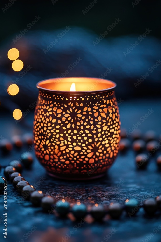 Aufkleber lit decorative candle holder with string of beads in the dark.