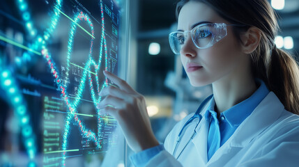A detailed shot of a female doctor interacting with a colorful 3D DNA helix and molecular markers on an illuminated touch interface, set in a futuristic healthcare lab