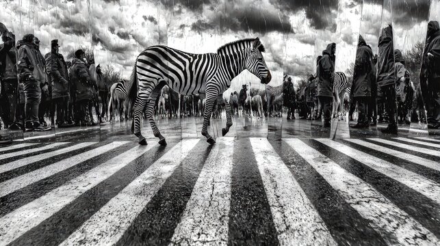 Fototapeta A zebra crossing the street in a bustling, monochrome scene with people and dramatic clouds.