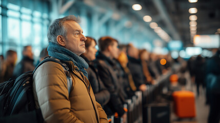Fototapeta premium A Long Line Of People With Luggage At An Airport, Waiting To Check In And Get Into Security Control Lines, High-Resolution Winning Stock Photo