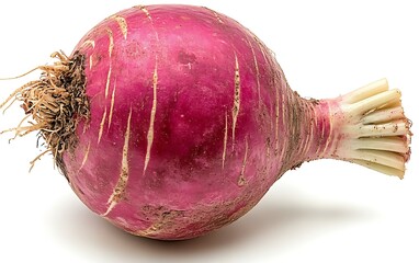 Single ripe red turnip isolated on white background.