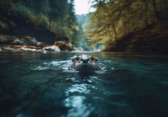 Curious Otter Swimming in Clear Water Surrounded by Nature