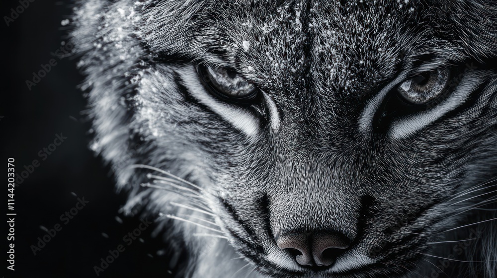 Poster intense lynx face with snow, sharp eyes and dark background.