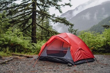 Camping Vacation. Red Tent in Green Outdoor Campground for Adventure and Leisure Travel