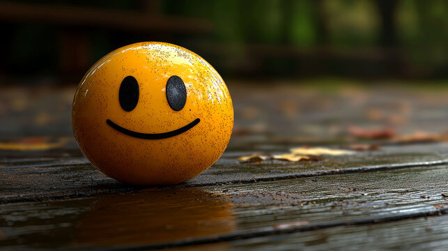 Happy smiley face ball on wet wooden surface.
