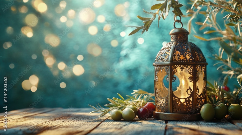 Aufkleber illuminated lantern on wood, olives and bokeh light backdrop.