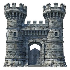 Castle Illustration. Isolated Medieval Town with Stone Towers and Gate in White Background