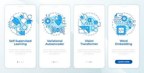 Concept of generative AI blue onboarding mobile app screen. Walkthrough 4 steps editable graphic instructions with linear concepts. UI, UX, GUI template. Montserrat SemiBold, Regular fonts used