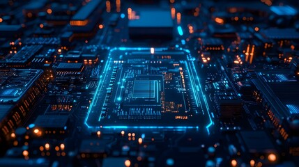 Obraz premium Dynamic Quantum Computing Circuit Board in Blue