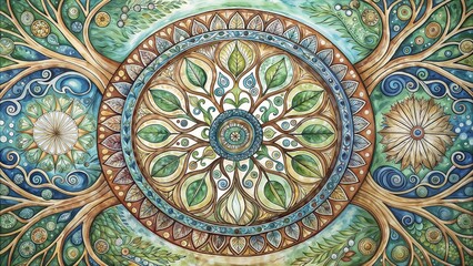 Intricate life circle illustration with floral patterns and mystical elements in a earthy colors design