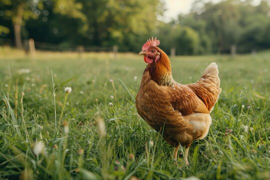 Chicken Farm. Happy Free Range Chicken Building Nest in Meadow