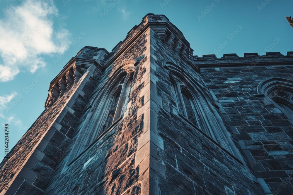 Poster Stone building corner with tall windows against a cloudy sky.