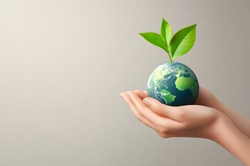 3D Illustration Of Hands Gently Holding A Small Earth With Green Leaves Sprouting, Representing Eco-Friendly Values And Sustainability, Highlighting Nature Conservation And Environmental Care
