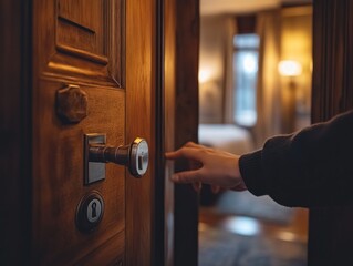 Hand opens wooden door to bedroom.