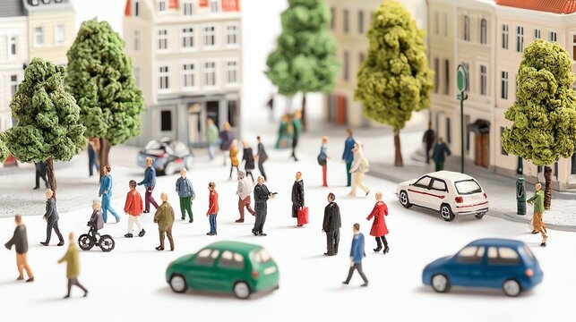 A vibrant urban scene depicting miniature figures walking and interacting in a city environment, showcasing daily life and movement in a detailed model landscape.