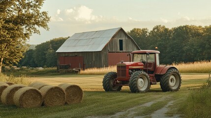 Obraz premium Vintage Red Tractor in Serene Farm Landscape with Hay Bales and Rustic Barn Under Soft Golden Sunset Light, Capturing the Essence of Agrarian Life and Countryside Beauty