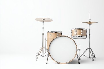 An elegant wooden drum set displayed against a clean white backdrop, showcasing craftsmanship and design. Perfect for music enthusiasts and promotional materials for bands.