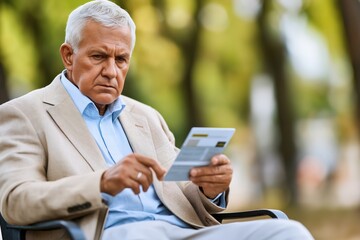 Obraz premium Elderly man enjoys convenient online payment using digital tablet at home in peaceful surroundings