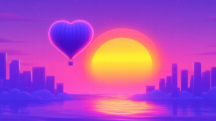 glowing heart shaped hot air balloon floats over vibrant sunset cityscape by water