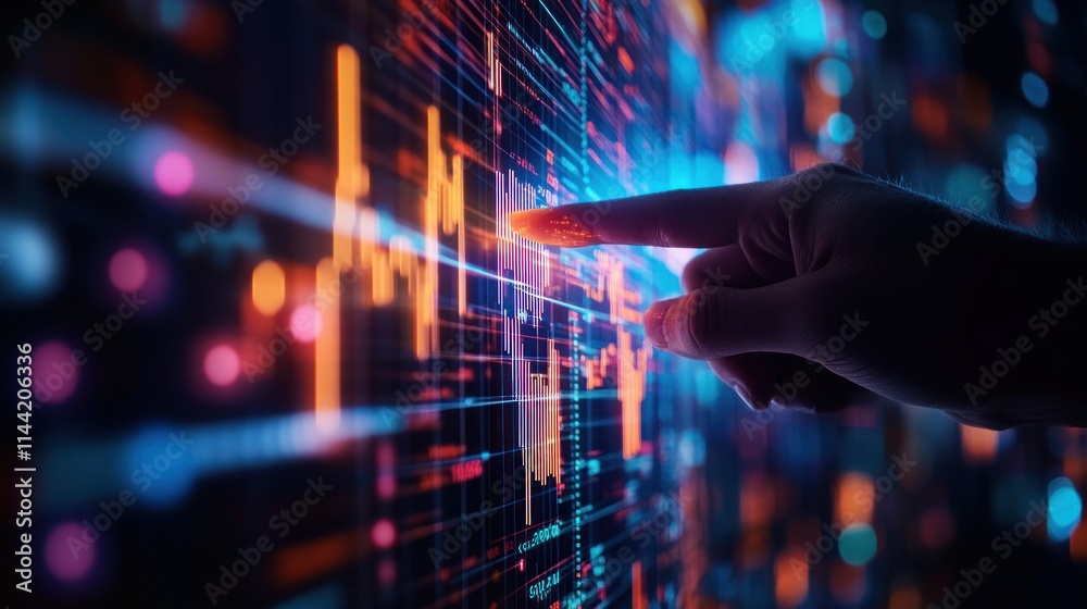 Poster hand interacts with glowing, data-filled, digital screen display.
