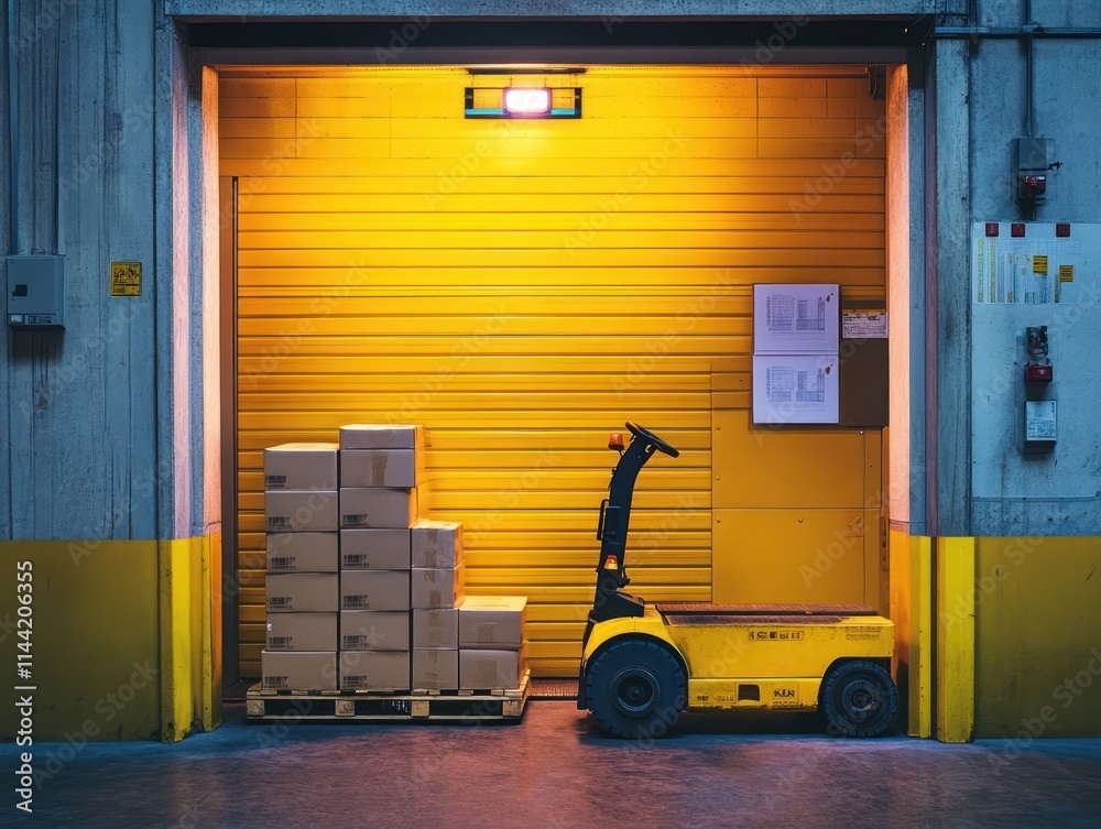 Poster Forklift by pallet of boxes at yellow loading dock.