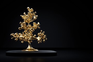 Stylized golden tree silhouette with spherical ornaments against a matte black background showcasing modern elegance