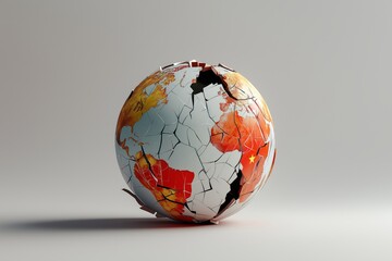 Cracked globe symbolizing geopolitical tension with US and China flags on white surface