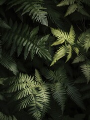Ferns fill the frame, deep greens and moody light.