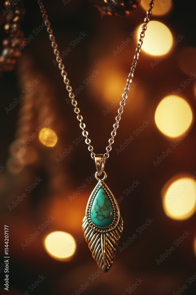 Aufkleber teardrop turquoise pendant on chain with bokeh.