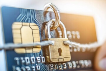 Digital lock secures credit card on circuit board representing online payment security and fraud prevention