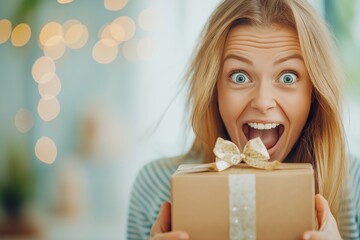 Young woman joyfully opens a delivery box at home, discovering her exciting online shopping purchase
