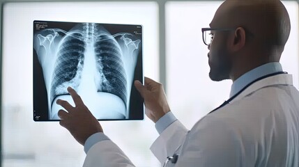 Cancer symptoms lumps concept. A doctor examines a chest X-ray, focusing on the lungs and ribs, in a well-lit medical setting.