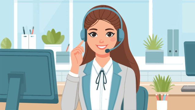 A female customer service person with a headset on her head smiles and poses in her office