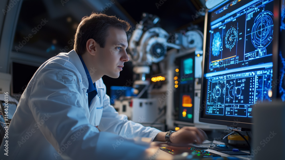 Poster scientist working intensely on advanced data analysis in a high-tech lab environment during nighttim