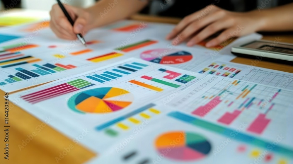 Poster Person analyzing colorful graphs with pen.