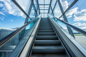 Fototapeta premium Empty escalator going up to clear blue sky in modern building with glass walls and metal beams