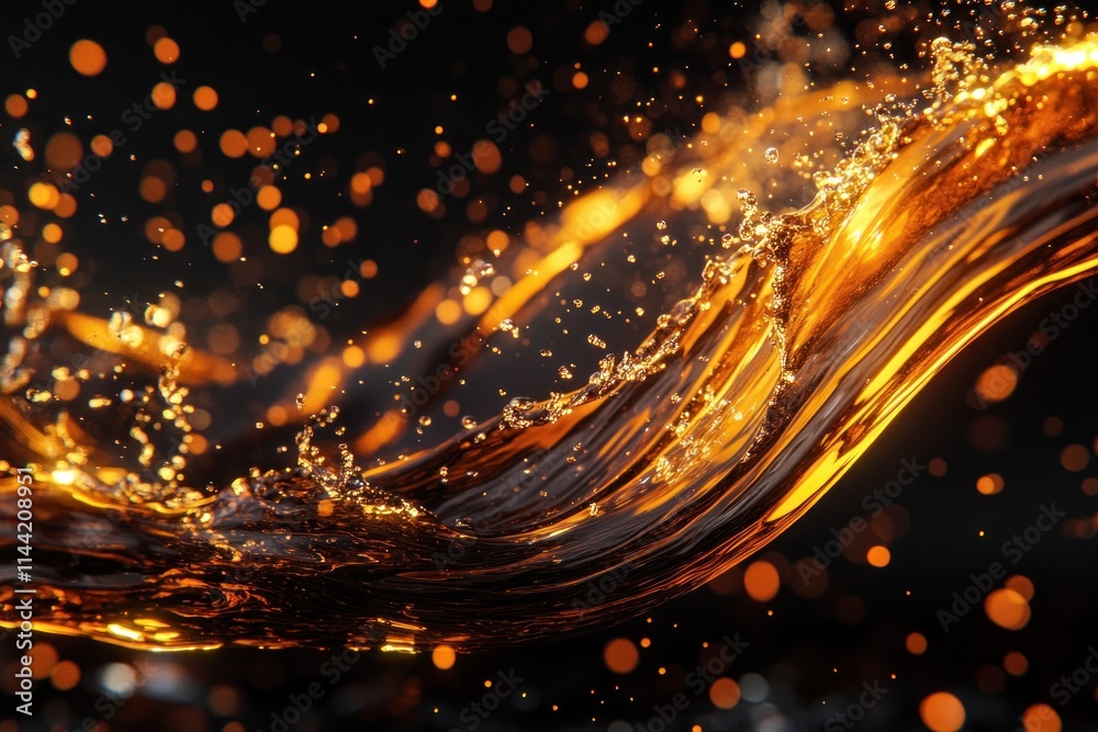 Poster amber liquid with splash and bokeh.