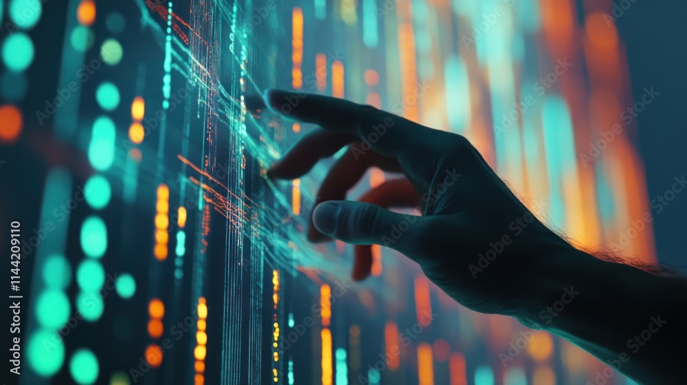 Poster Hand interacts with illuminated data points on a screen.