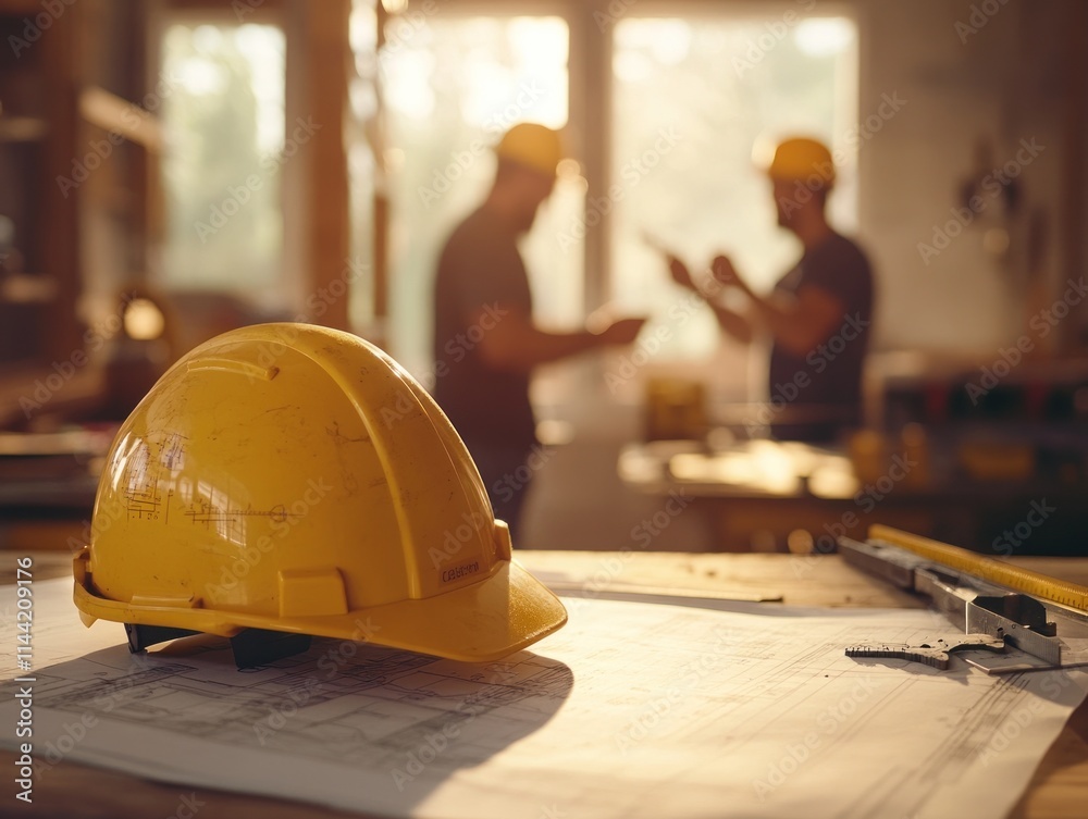 Poster hard hat and blueprints with two blurred workers.