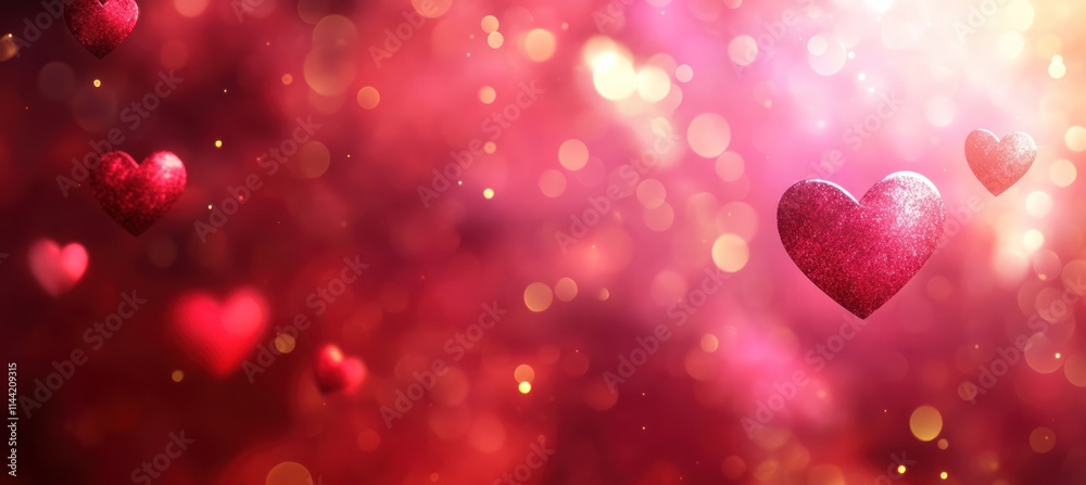 Aufkleber Floating hearts in bokeh on pink-red textured backdrop.