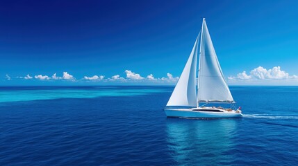 Obraz premium A sailboat is sailing on a blue ocean with a clear sky